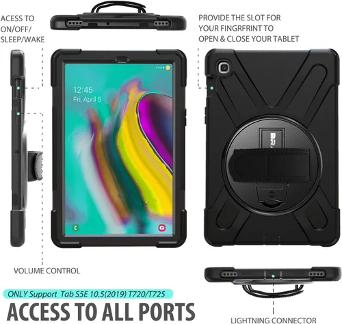 Vista 3 de BRAECN Funda para Samsung Galaxy Tab S5e de 10.5 pulgadas 2019, resistente a prueba de golpes con soporte giratorio 360/correa de mano y correa