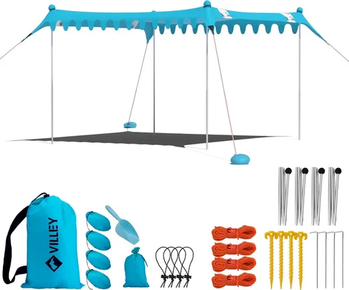 Vista 11 de Villey Tienda de campaña de playa con protección UPF50+, parasol portátil de 8 x 7 pies con 2 postes de estabilidad, 8 clavijas de tierra, 4 sacos