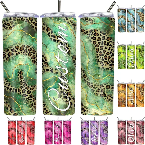 Vista 8 de Vasos personalizados con estampado de leopardo con tapas y pajitas, vasos delgados personalizados de 20 onzas con nombres para mujeres y hombres