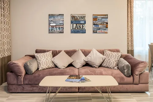 Vista 2 de Lienzo decorativo con texto en inglés "Welcome to The Lake House Rules Relax You're At The Lake", letreros artísticos enmarcados para decoración