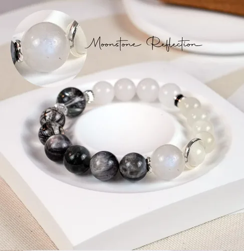 Vista 15 de Precious Gemstone Natural Crystal Healing Bracelet, Rutilated Quartz, Moonstone, Quartz Handmade Original Design Bracelet
