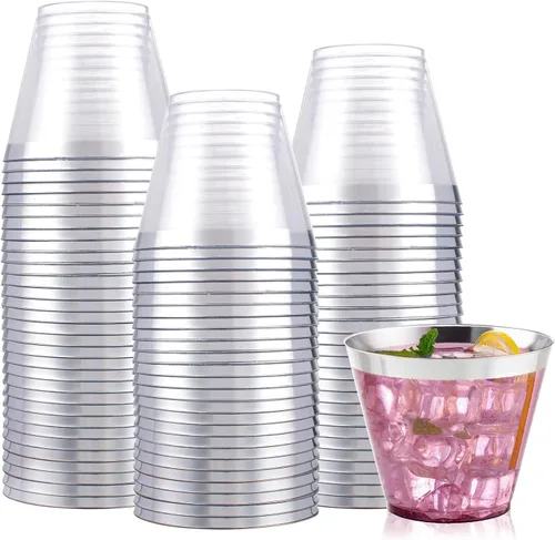 Vista 17 de I00000 100 vasos de plástico dorados, vasos de plástico transparente de 10 onzas con borde dorado, tazas de cerveza, taza dura desechable
