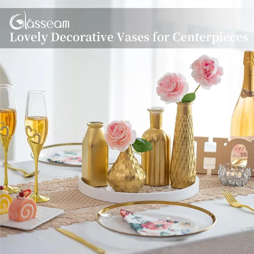 Vista 4 de Glasseam - Jarrón dorado de vidrio para flores: pequeños jarrones de vidrio para centros de mesa de la sala de estar y la mesa de la cocina, 4