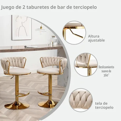 Vista 3 de Canxkun Gold - Juego de 2 taburetes de bar, sillas de bar de altura de mostrador con respaldo bajo, taburetes de bar de altura ajustable de Beige