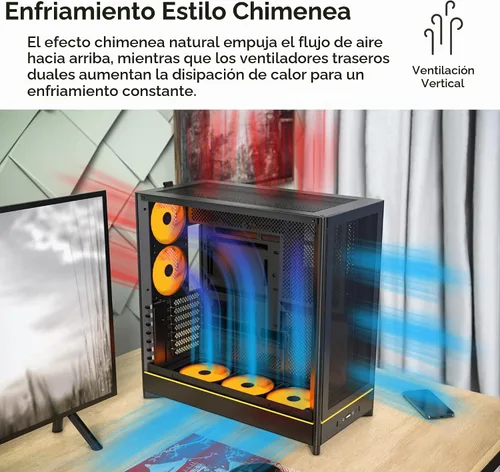 Vista 7 de Caja de PC Montech Serie HS ATX de torre media, PC para juegos, alto flujo de aire, diseño reversible, panel frontal curvo robusto de vidrio