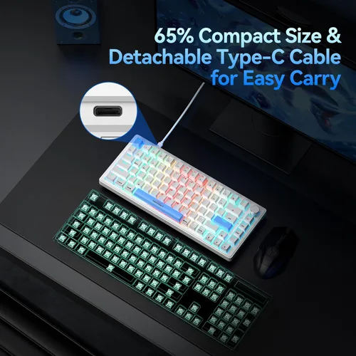 Vista 5 de TECKNET Teclado para juegos con cable, retroiluminación RGB 65% teclados con estructura de junta, teclado mecánico USB C tiene 20 efectos