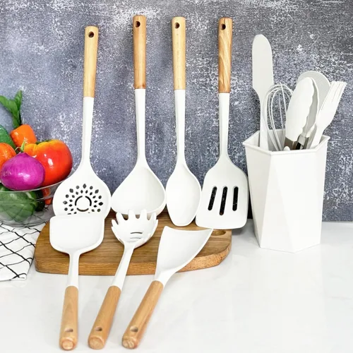 Vista 3 de Silicone Kitchen Utensils Set, 12 Pieces Kitchen Utensils Set, Anti-Stick Heat Resistant Wooden Handle Cooking Utensils with Dish Holder, Silicone