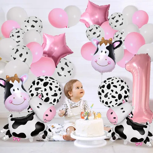 Vista 3 de Globos de vaca, decoraciones de cumpleaños con texto en inglés "Holy Cow Im One", globos con estampado de vaca para niña, fiesta de primer