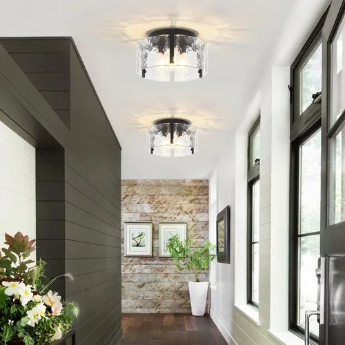 Vista 3 de Lámpara de techo semiempotrada moderna negra de 15 pulgadas, accesorios de iluminación de pasillo, 3 luces de techo de vidrio para entrada, isla