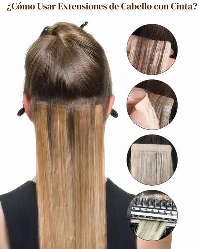 Vista 6 de 【Descuento】Hetto - Extensiones de cabello con cinta adhesiva, 40g, extensiones de cabello humano, color rubio ceniza oscuro degradado a rubio medio