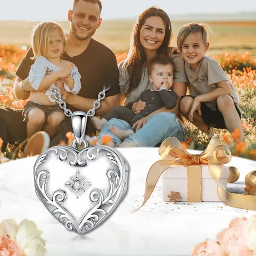 Vista 3 de BETHZA Diamond Heart Locket Necklace for Women Sterling Silver 0.035CT Real Diamond Photo Pendant That Holds 4 Pictures Jewelry Gift for Mother Wife