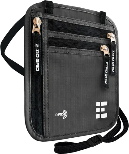 Vista 52 de Cartera para el cuello para viajes y pasaporte con bloqueo RFID, delgada y fácil de ocultar, bolsa de viaje de nailon para hombres y mujeres