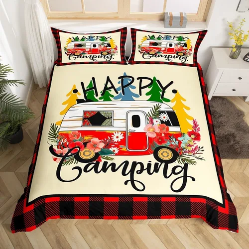Vista 14 de Erosebridal Juego de funda de edredón de cabaña de cabaña, ropa de cama individual para niños, funda de edredón de campamento feliz, ropa de cama
