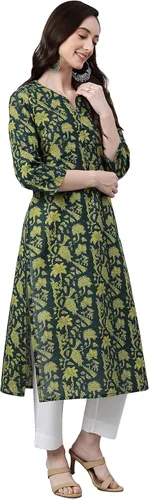 Vista 5 de Janasya Kurta recta de algodón verde oscuro para mujer india