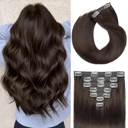 Vista 23 de Extensiones de cabello humano con clip de 14 pulgadas, 4.33 oz, 7 piezas, 16 clips, color marrón chocolate, doble trama, extensiones de cabello Remy