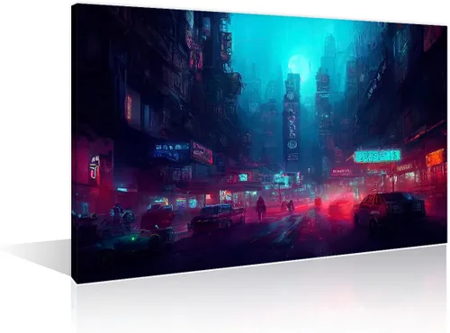 Vista 19 de 1 panel de cuadros de la ciudad de Cyberpunk, arte de pared, representación de vallas publicitarias, edificios modernos en la capital con obras