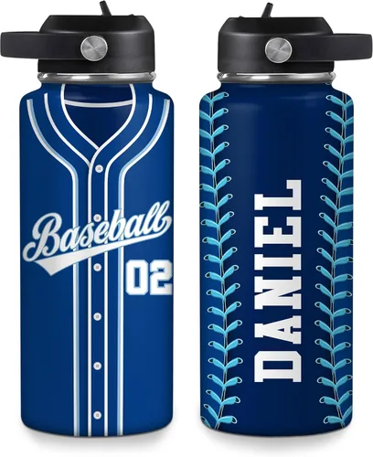 Vista 31 de Hyturtle Botella de agua de béisbol personalizada, botella de acero inoxidable aislada de viaje con tapa a prueba de fugas, 18 onzas, 32 onzas