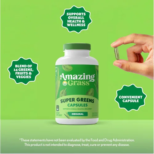 Vista 3 de Amazing Grass Greens Blend Superfood - Cápsulas de polvo de vegetales con espirulina, clorella, raíz de remolacha, enzimas digestivas y probióticos