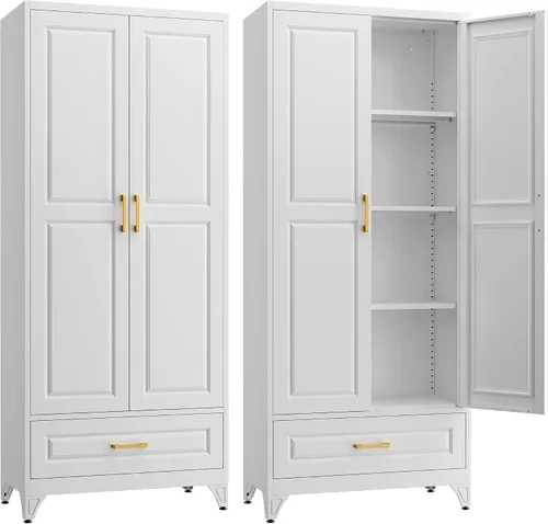 Vista 18 de SteeLoong - Armario de despensa de cocina, armario de almacenamiento de metal negro de 71" con puertas y 4 estantes ajustables, gabinete de cocina
