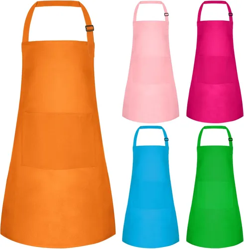 Vista 19 de Juego de 5 delantales para niños, delantal ajustable para niños con 2 bolsillos, delantal de chef para niños para pintar, cocinar, hornear, Negro
