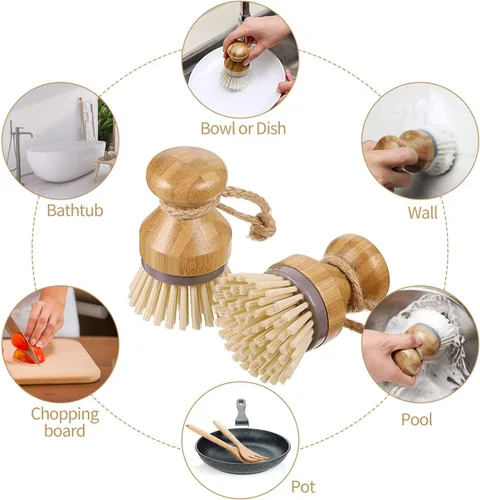 Vista 7 de 4 cepillos de bambú para fregar platos con soportes, de madera, de bambú, redondos, cerdas rígidas, cepillos para lavar platos, ollas, sartenes