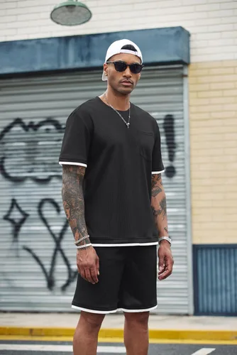 Vista 5 de COOFANDY Conjunto de camisa y pantalones cortos de gofre para hombre, conjunto de 2 piezas, conjunto casual de verano con bolsillos