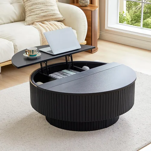 Vista 13 de Mesa de café redonda de 31.5", Mesa de centro moderna con acento acanalado y marco de metal, mesas de café de madera redondas para sala de estar