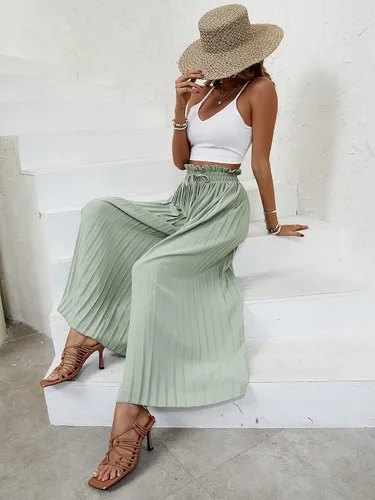 Vista 5 de OYOANGLE Conjunto de 2 piezas para mujer con camiseta corta y pantalones plisados de pierna ancha