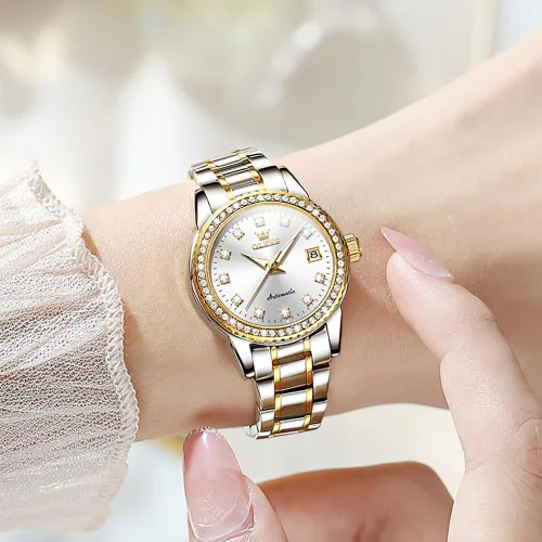 Vista 4 de OLEVS Reloj automático de mujer con diamantes mecánico de cuerda automática a la moda elegante reloj de pulsera luminoso impermeable de acero