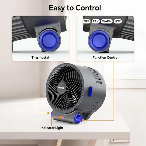 Vista 4 de shinic - Ventilador de escritorio y calentador combinado, ventilador portátil de circulación de aire de enfriamiento, protección contra inclinación