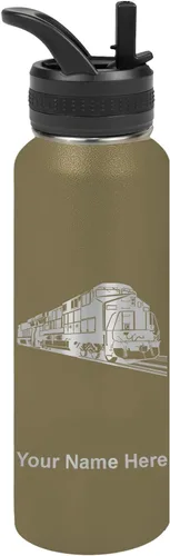 Vista 68 de LaserGram Botella de agua personalizada, tren de carga, acero inoxidable de doble pared aislada al vacío con popote superior, regalo grabado Negro