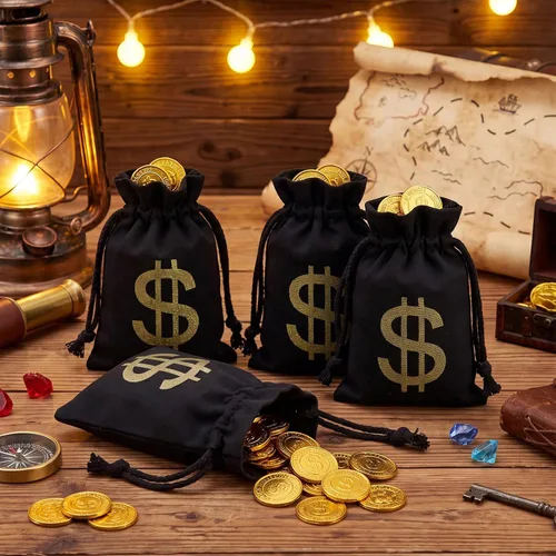 Vista 5 de Boao 24 Canvas Money Bag Pouch Dollar Sign Prop Money Bag Game, Black