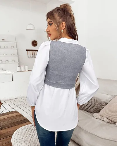 Vista 3 de YOXUA Camisa de manga larga con botones para mujer, cuello 2 en 1, estilo acanalado, péplum