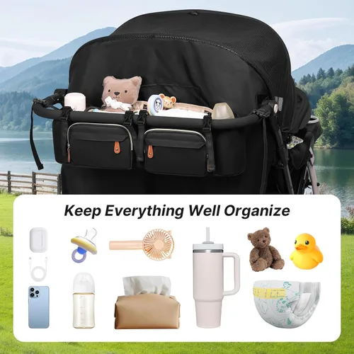 Vista 8 de Boomistry - Organizador doble para cochecito con 2 bolsillos refrigerantes, color negro Para Bob Duallie y Baby Jogger City Mini GT2, soporte