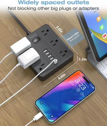 Vista 3 de Regleta de Enchufe Plano, AOFO Cable de Extensión de 5 Pies con 12 Tomacorrientes y 6 Puertos USB (4 USB-A, 2 USB-C), Protector contra