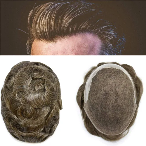 Vista 27 de FACE MIRACLE - Extensiones de cabello humano con encaje frontal francés y nudos blanqueados para hombre, sistema de reemplazo de cabello