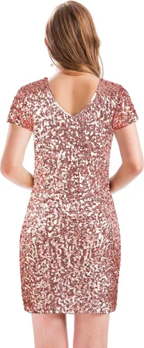 Vista 2 de MANER - Vestido de fiesta corto para mujer, diseño brillante con lentejuelas, escote en V, manga corta, sexy y entallado