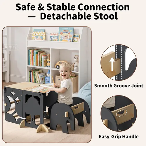 Vista 5 de COSYLAND - Taburete de cocina 4 en 1 para niños pequeños Elefante gris y natural