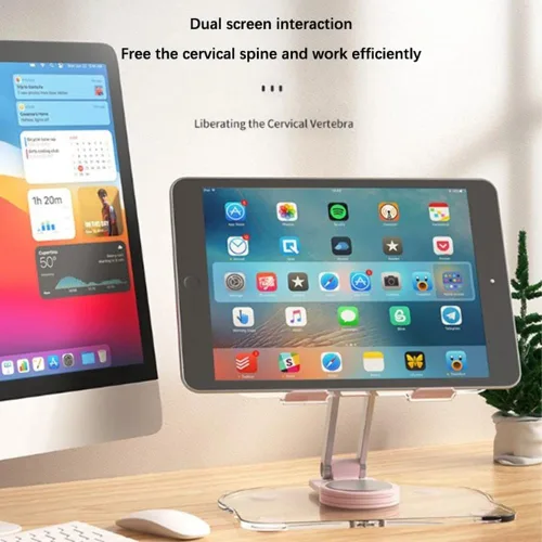 Vista 9 de XIHAMA Soporte acrílico para tableta con base giratoria de 360°, soporte plegable ajustable transparente para iPad de escritorio para iPad/Pro/Air
