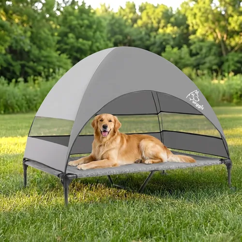 Vista 8 de Cama elevada mejorada para perros con toldo, cama elevada portátil para perros al aire libre con pies antideslizantes estables, cama para mascotas