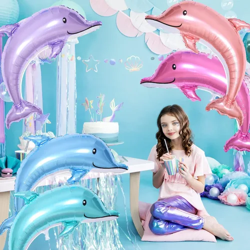 Vista 3 de 5 Globos Gigantes de Delfín, Globos de Lámina Metálica Mylar de Delfín Salpicadura de 46 Pulgadas, Animales Oceánicos para Fiesta de Cumpleaños