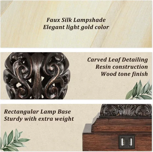 Vista 5 de Juego de 2 lámparas de mesa regulables de 3 vías con control táctil con 2 puertos de carga USB, lámparas de noche tradicionales con pantalla de seda