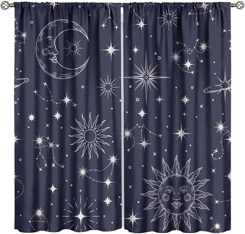 Vista 18 de Cortinas opacas con diseño de sol y luna, cuerpos celestes bohemios, con diseño de sol, luna y estrellas, para sala de estar, dormitorio, 42 x 45