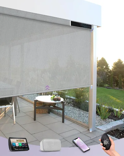 Vista 9 de Graywind Persianas enrollables motorizadas para exterior para patio compatibles con Alexa Google, cortinas solares inteligentes para exteriores