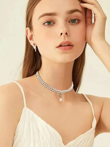 Vista 2 de Gargantilla de perlas de diamantes de imitación boho para mujer, gargantilla de perlas multicapa para niñas