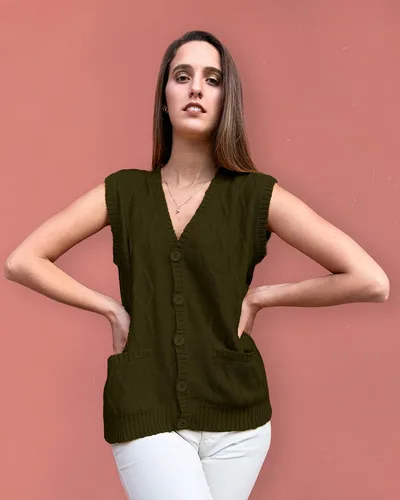 Vista 2 de TINKUY Chaleco peruano de lana de alpaca con cuello en V y rombos para mujer, S-4XL