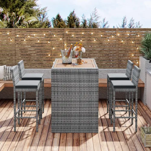 Vista 8 de Quarte Moderno juego de comedor de patio al aire libre de 5 piezas, juego de barra de mimbre de ratán de polietileno para jardín, 4 sillas de altura