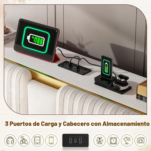 Vista 6 de Homkdom Base de cama Queen con cabecera de almacenamiento de terciopelo de Beige