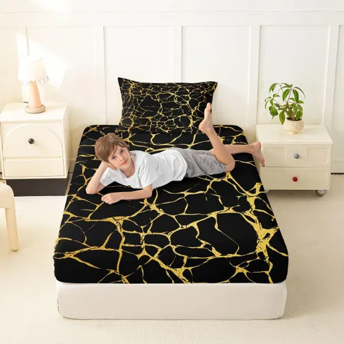 Vista 3 de Erosebridal Sábana bajera ajustable de mármol metálico dorado, tamaño individual, sábanas de cama con purpurina dorada negra, diseño de textura
