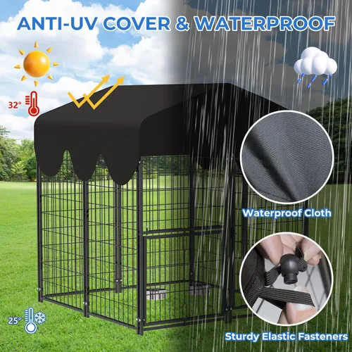 Vista 4 de Perrera para exterior de 4 x 4.2 x 4.5 pies, corral resistente de metal para perros con puerta giratoria y 2 tazones ajustables, perrera